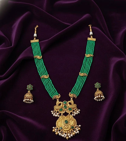 Traditional Design Temple Jewellery Set With Matching Earrings TM471GREEN