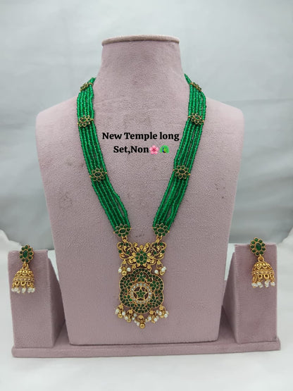 Traditional Design Temple Jewellery Set With Matching Earrings TM-473GREEN