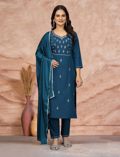 Women's Embroidered Cottan Blend Kurti With Pant & Dupatta Set SG-Jasmin
