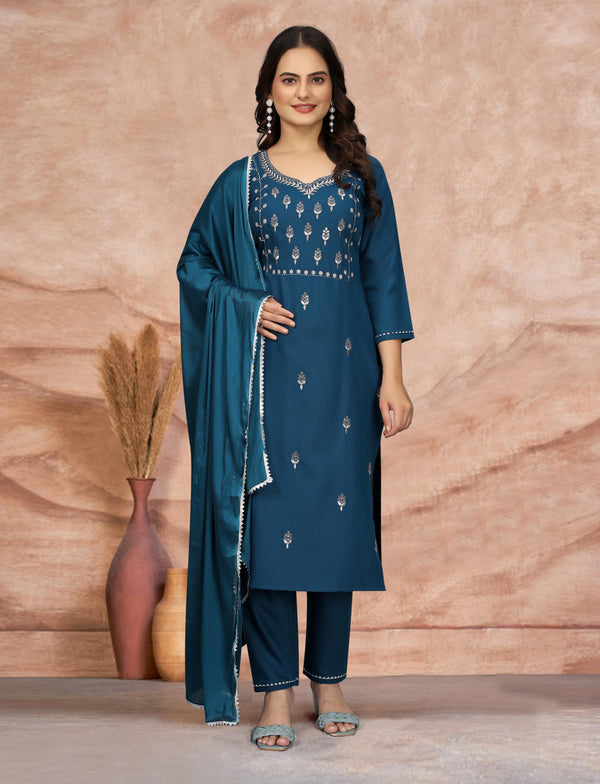 Women's Embroidered Cottan Blend Kurti With Pant & Dupatta Set SG-Jasmin