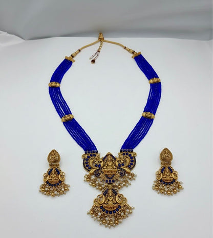 Traditional Design Temple Jewellery Set With Matching Earrings TM474BLUE