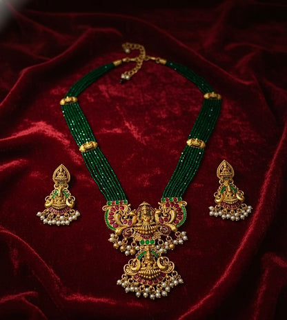 Traditional Design Temple Jewellery Set With Matching Earrings TM474GREEN