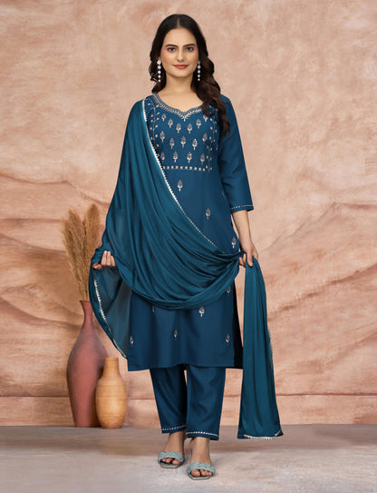 Women's Embroidered Cottan Blend Kurti With Pant & Dupatta Set SG-Jasmin