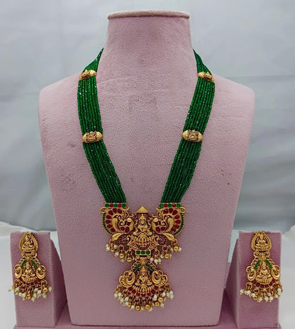 Traditional Design Temple Jewellery Set With Matching Earrings TM474GREEN