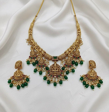 Traditional Long Pearl Beaded Jewellery Set with Matching Earrings TM481GREEN