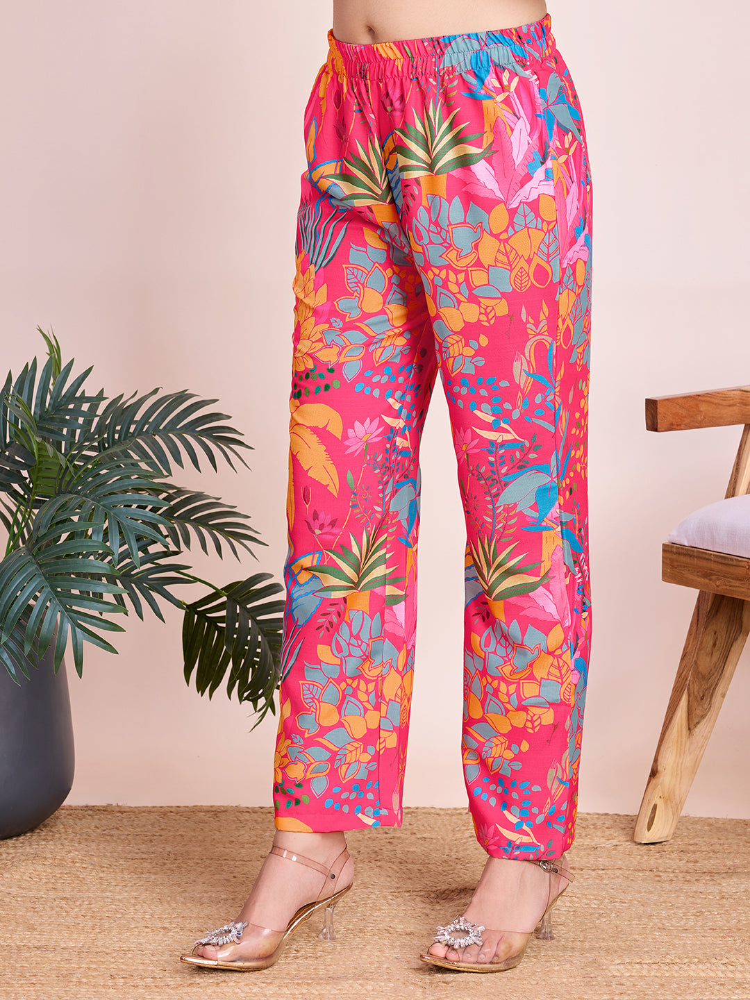 Pink Floral Digital Print Rayon Slub Cord Set