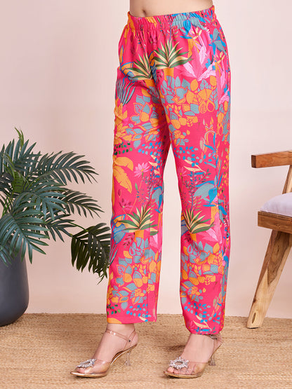 Pink Floral Digital Print Rayon Slub Cord Set