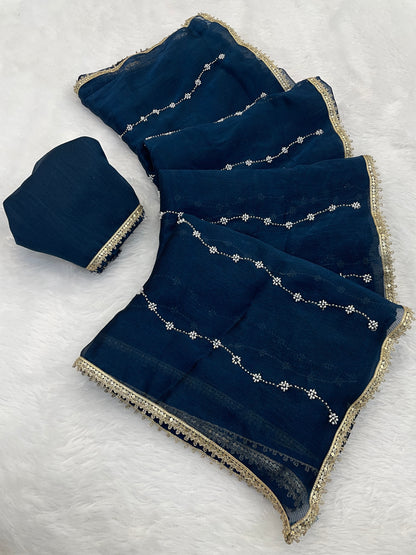 Heavy Chinnon  Saree With Unstitched Blouse DVS-61