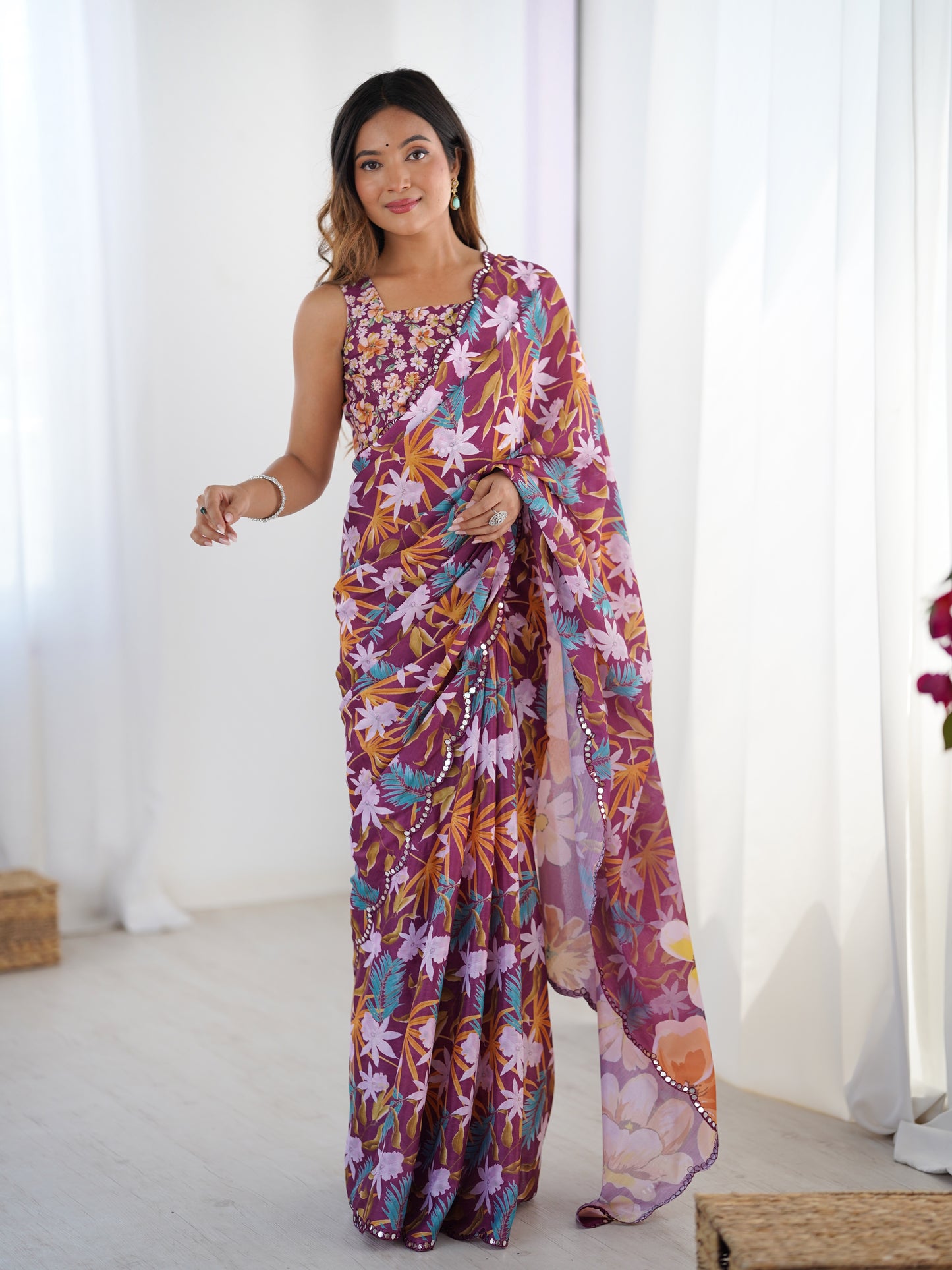 Heavy Chinnon  Saree With Unstitched Blouse DVS-26