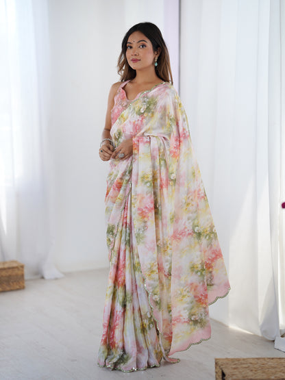 Heavy Chinnon  Saree With Unstitched Blouse DVS-34