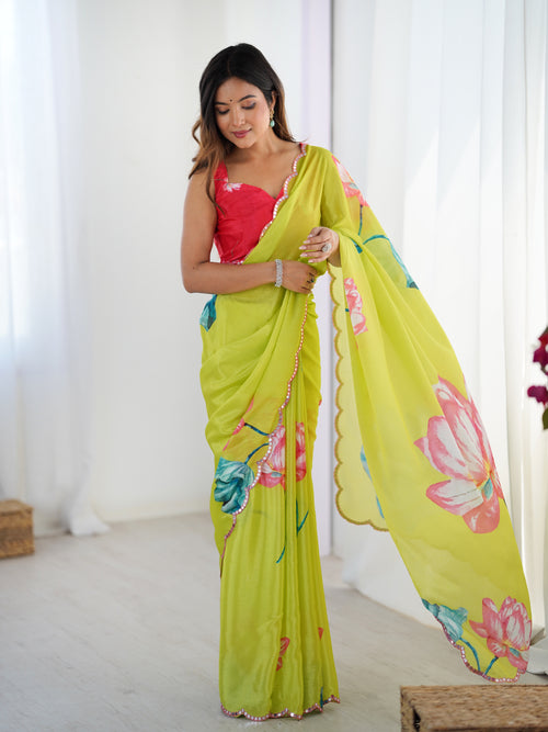 Heavy Chinnon  Saree With Unstitched Blouse DVS-44