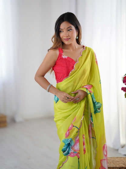 Heavy Chinnon  Saree With Unstitched Blouse DVS-44