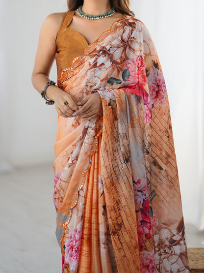 Heavy Chinnon  Saree With Unstitched Blouse DVS-47