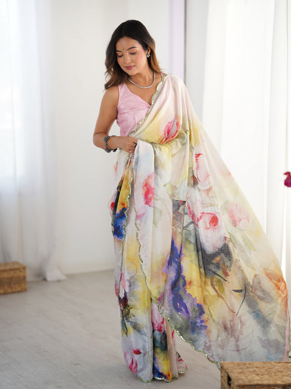 Heavy Chinnon  Saree With Unstitched Blouse DVS-53