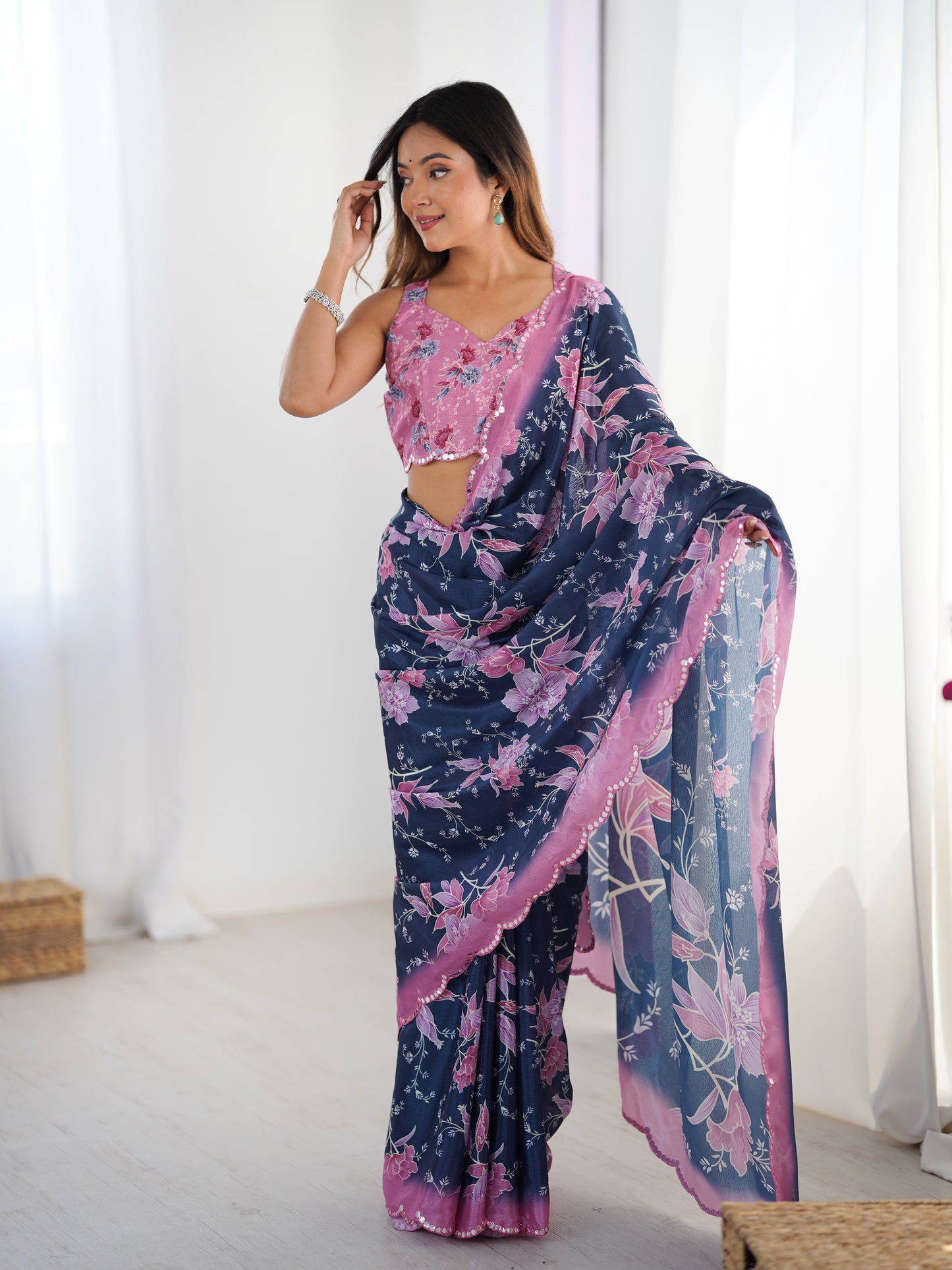 Heavy Chinnon  Saree With Unstitched Blouse DVS-55