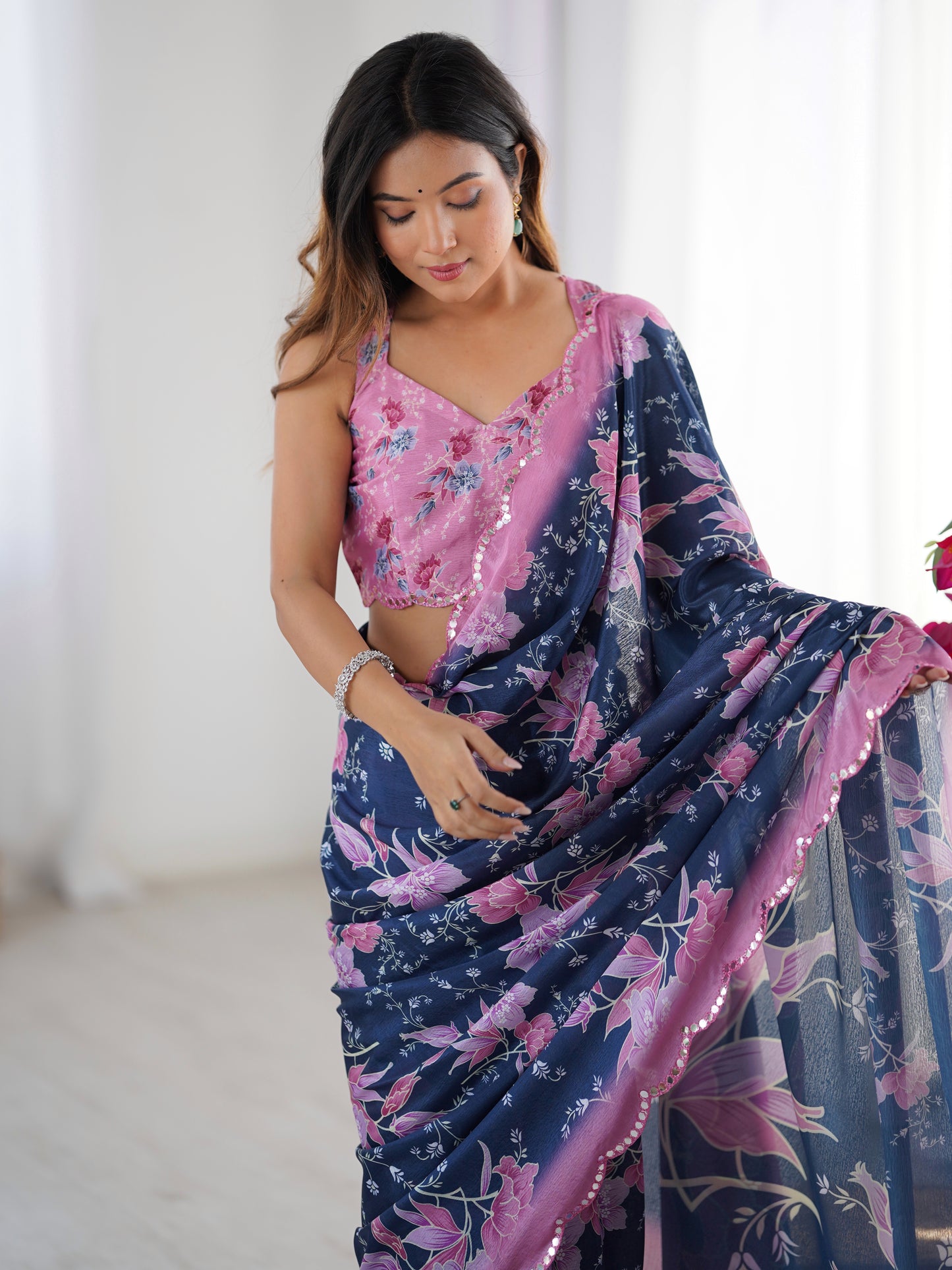 Heavy Chinnon  Saree With Unstitched Blouse DVS-55