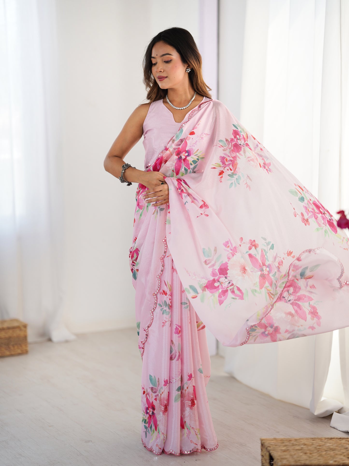 Heavy Chinnon  Saree With Unstitched Blouse DVS-56