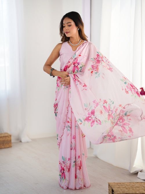 Heavy Chinnon  Saree With Unstitched Blouse DVS-56