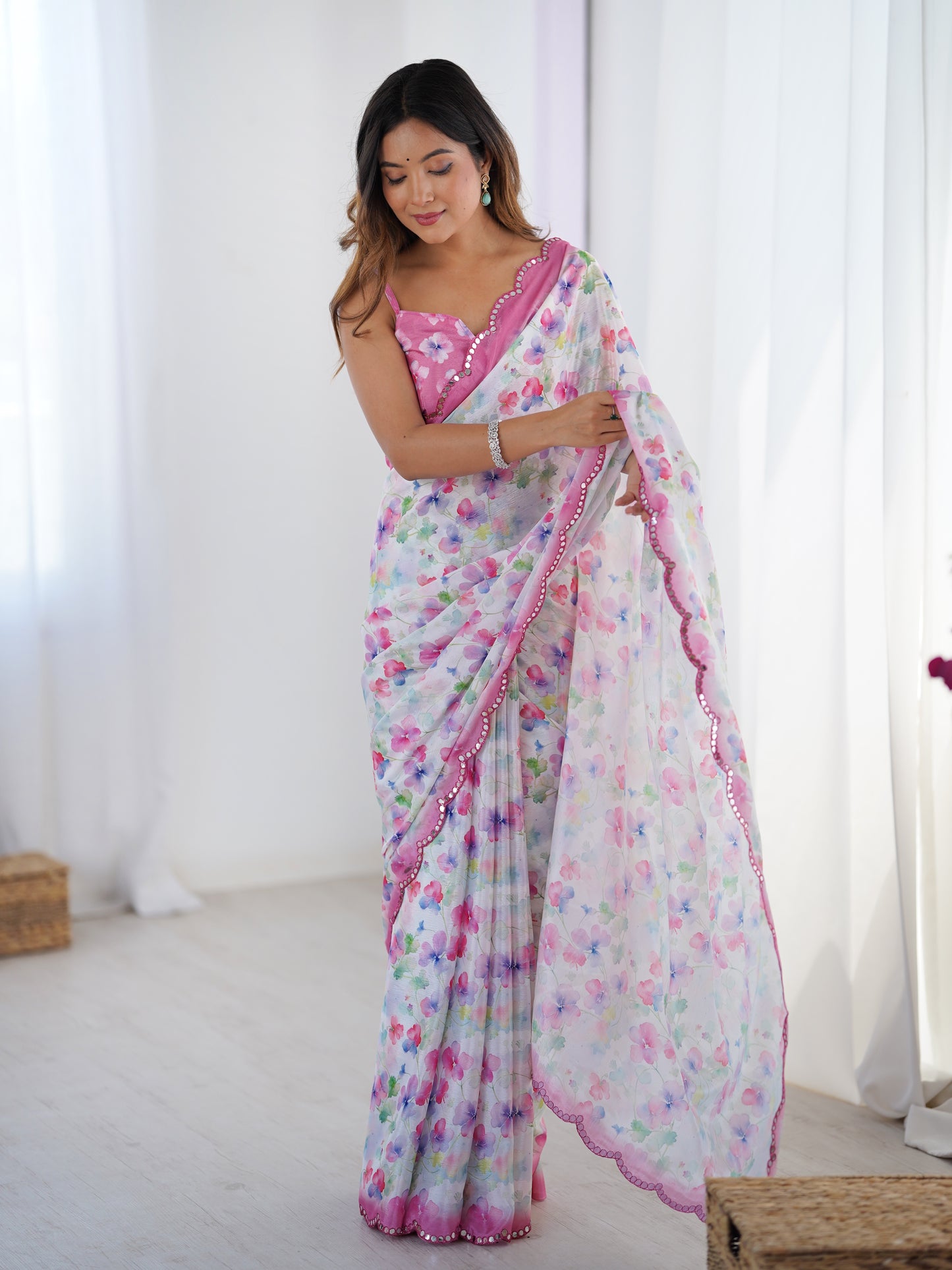 Heavy Chinnon  Saree With Unstitched Blouse DVS-65