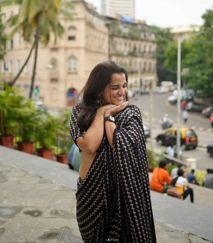 Designer Black Zig-Zag Pattern Printed Casual/Party Saree  Original Japan Satin (Devsena satin)