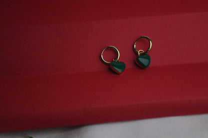 Playful Gold-Tone Green Heart Drop Earrings - Imitation Charm