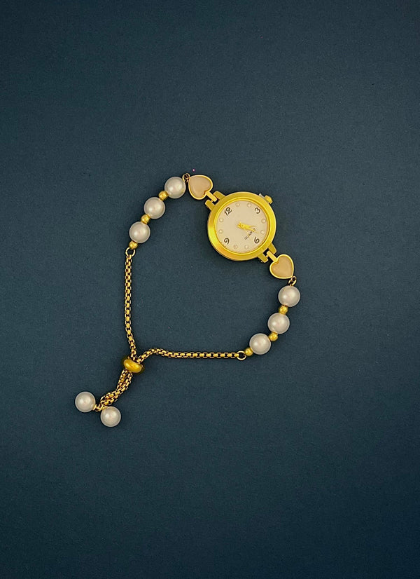 Elegant Pearl & Heart Gold Watch Bracelet – Timeless Feminine Charm