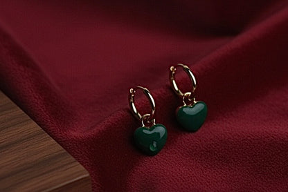 Playful Gold-Tone Green Heart Drop Earrings - Imitation Charm