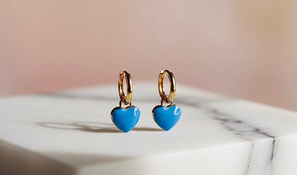 Elegant Gold-Tone Blue Heart Drop Earrings - Imitation Charm