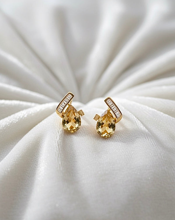 Gold Teardrop Citrine Earrings with Baguette Accents