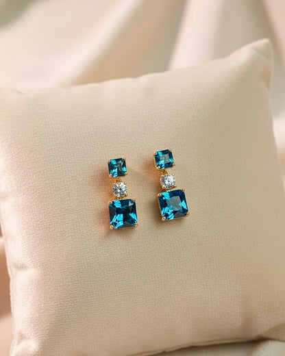 Gold Blue Topaz Drop Earrings