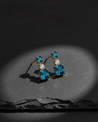 Gold Blue Topaz Drop Earrings