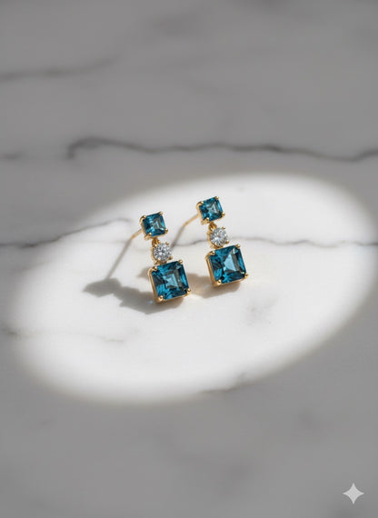 Gold Blue Topaz Drop Earrings