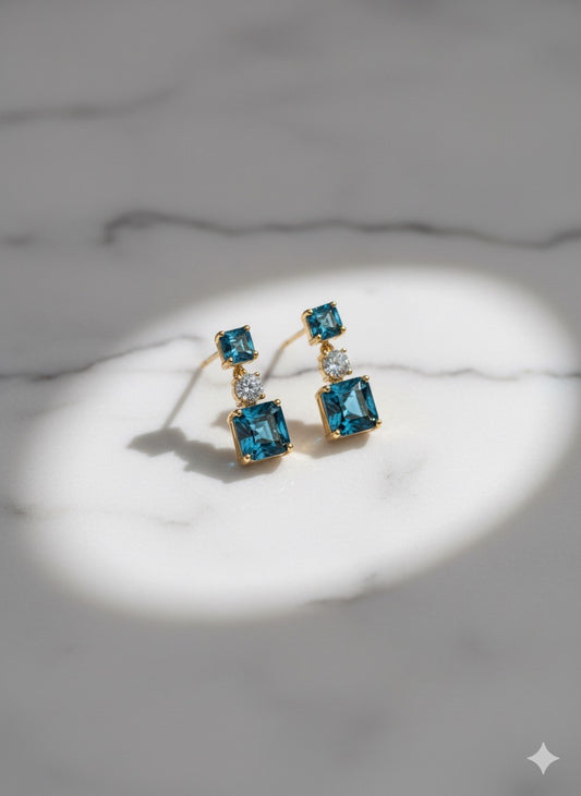 Gold Blue Topaz Drop Earrings