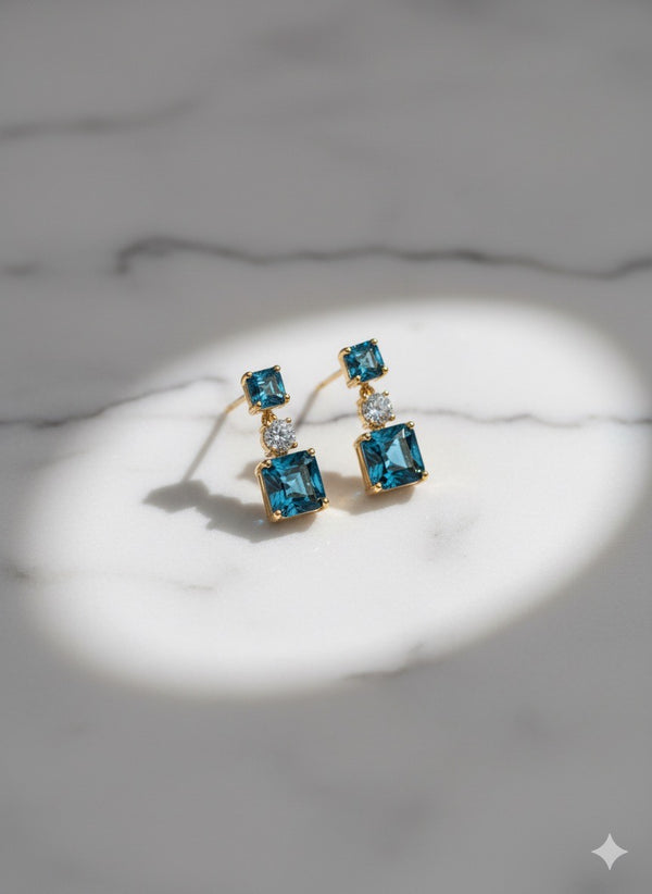 Gold Blue Topaz Drop Earrings