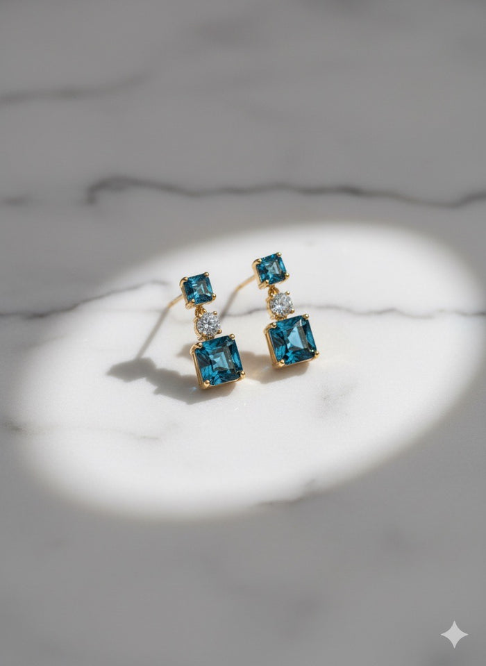 Gold Blue Topaz Drop Earrings