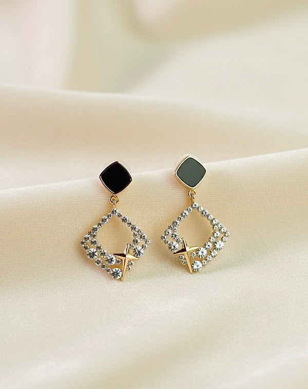 Gold Black Onyx Cross Drop Earrings