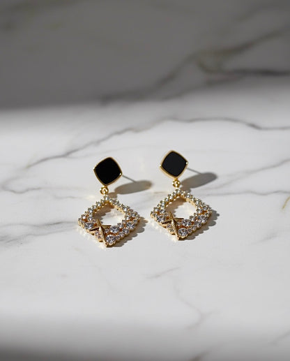 Gold Black Onyx Cross Drop Earrings