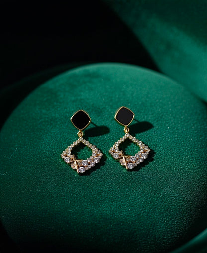 Gold Black Onyx Cross Drop Earrings