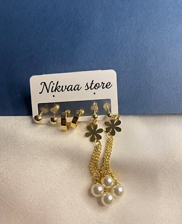 Golden Pearl Flower Chain Earrings Set