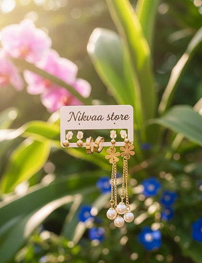 Golden Pearl Flower Chain Earrings Set