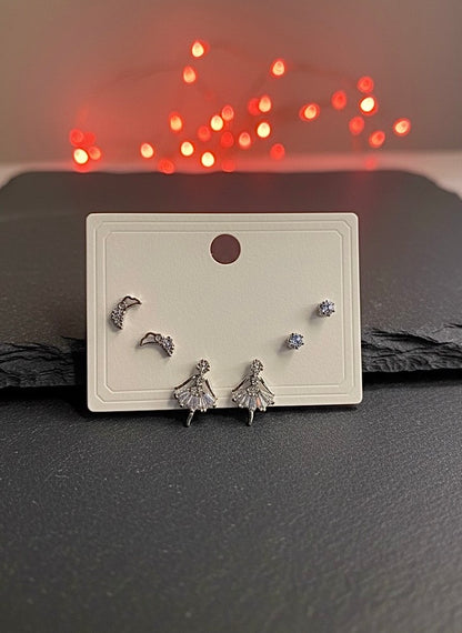 Silver Crystal Ballerina Earrings Set