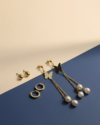 Elegant Butterfly Pearl Chain Earrings – Gold Dangle Design
