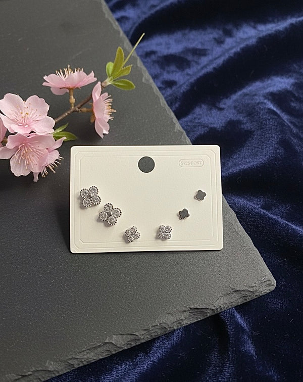 Elegant Silver Clover Stud Earring Set (3 Pairs)