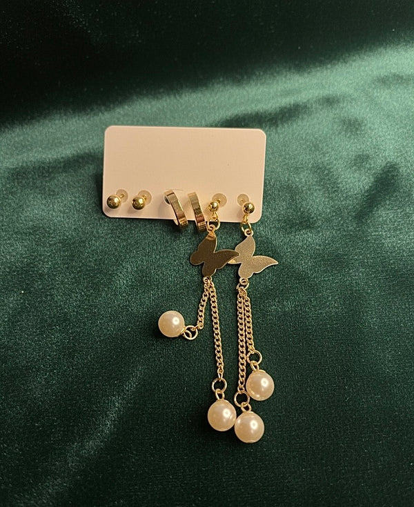 Elegant Butterfly Pearl Chain Earrings – Gold Dangle Design
