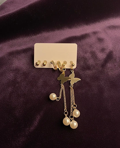 Elegant Butterfly Pearl Chain Earrings – Gold Dangle Design