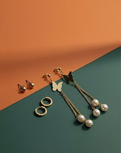 Elegant Butterfly Pearl Chain Earrings – Gold Dangle Design