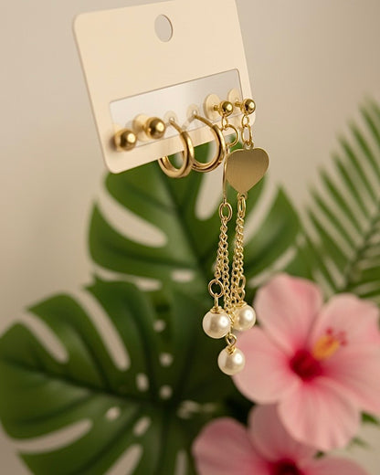 Gold Heart Pearl Drop Earrings – Elegant Dangle Design for Women