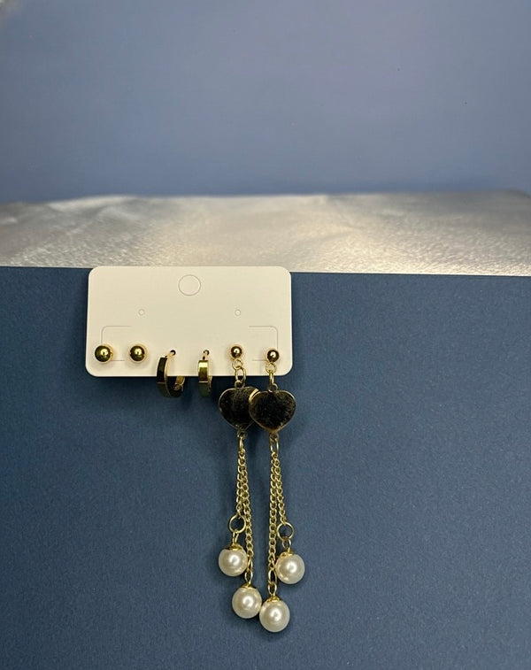 Gold Heart & Pearl Drop Earring Set