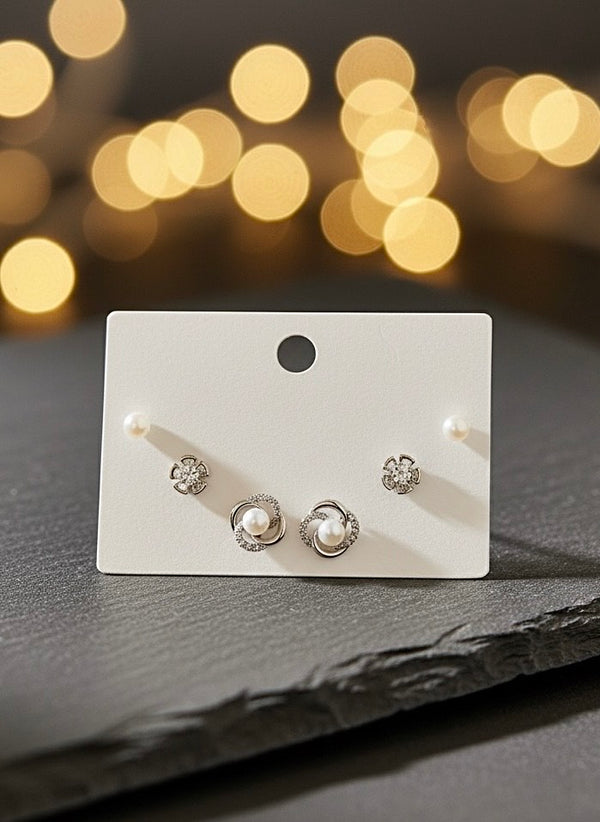 Silver Pearl & Crystal Stud Earring Set