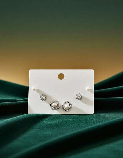 Silver Pearl & Crystal Stud Earring Set